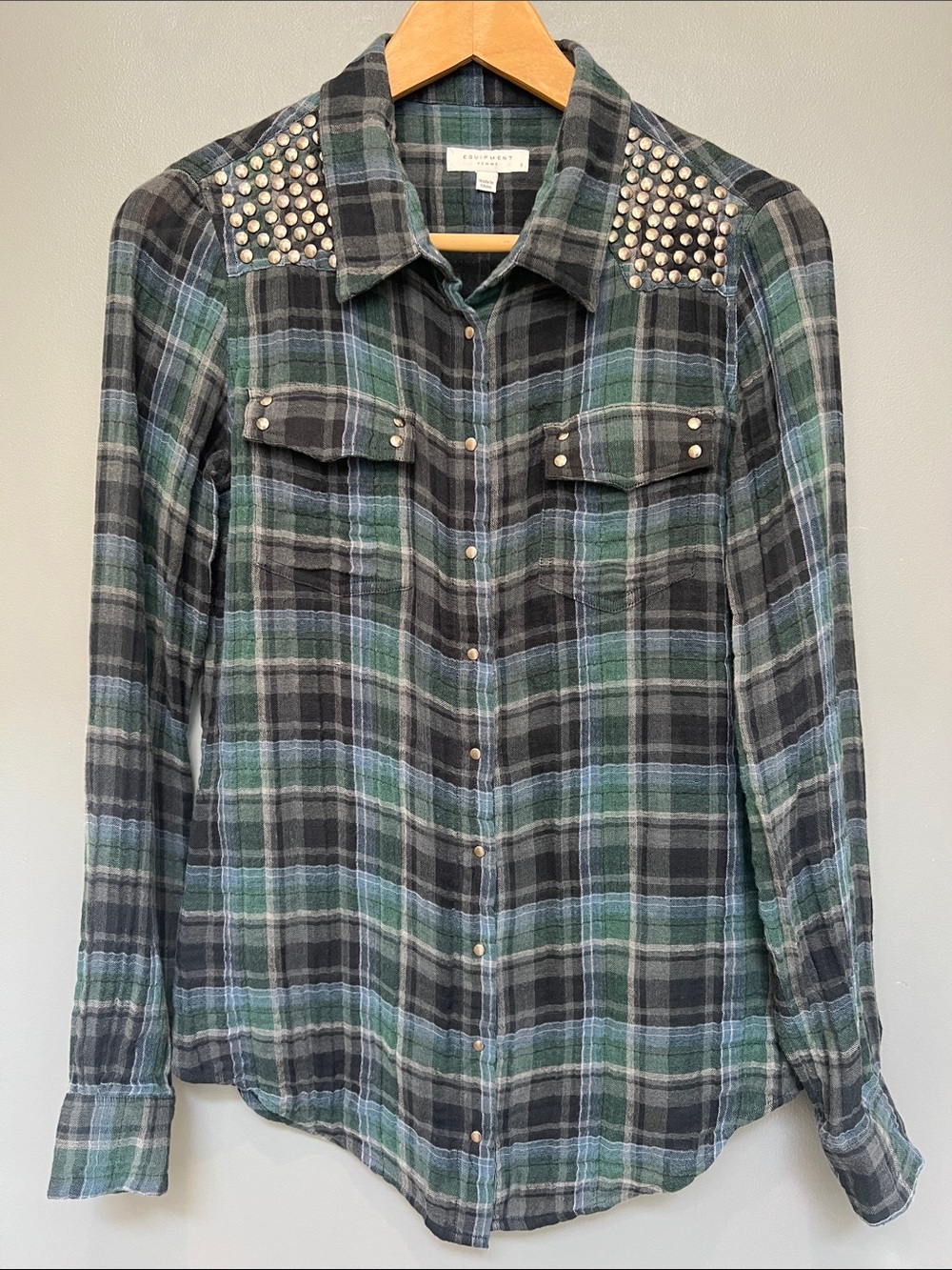 Equipment Green & Black Plaid Studded Flannel Shirt